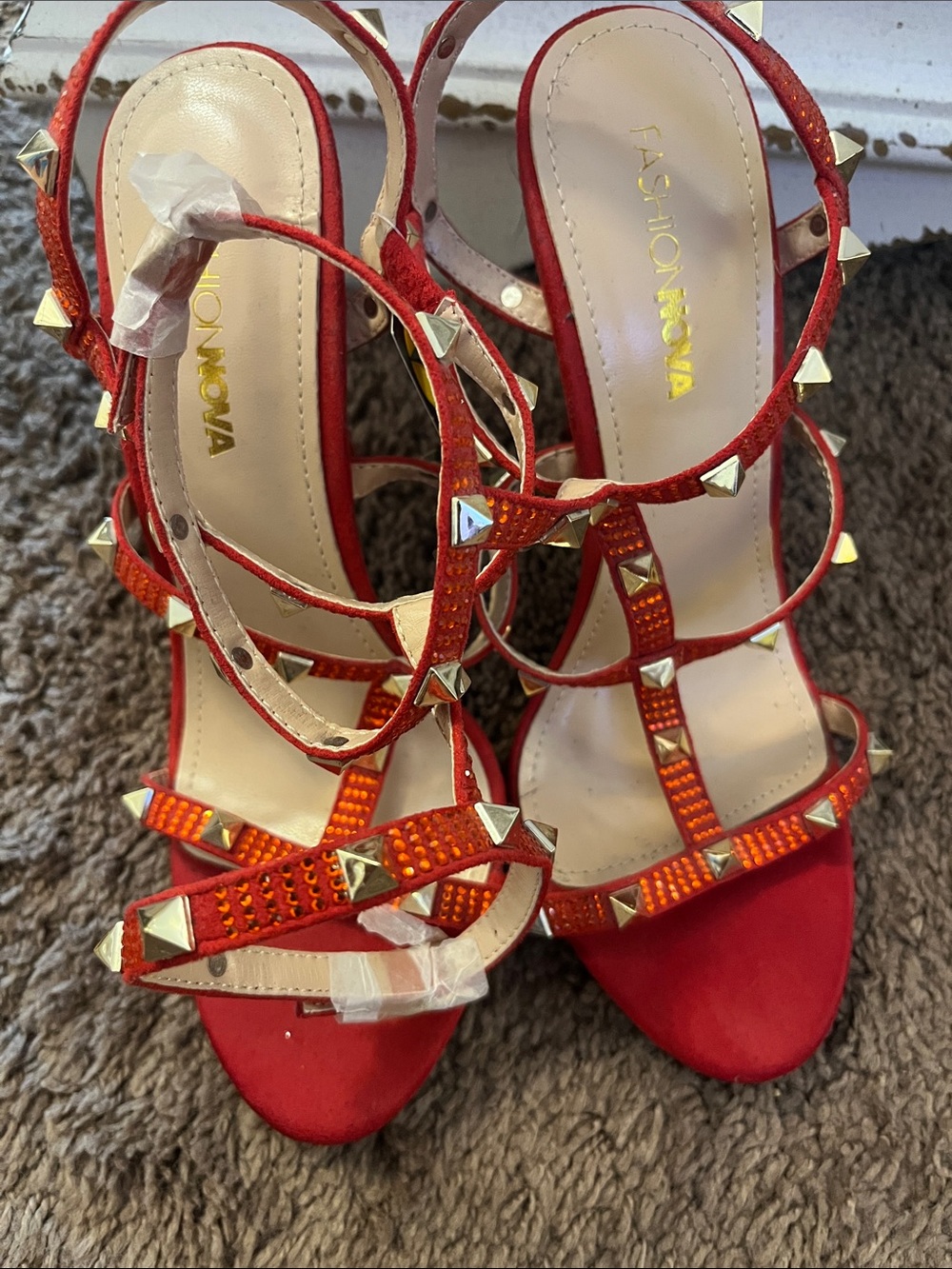 Fashion Nova Red Crystal Pyramid Stud T-Strap Heels - Picture 5 of 10